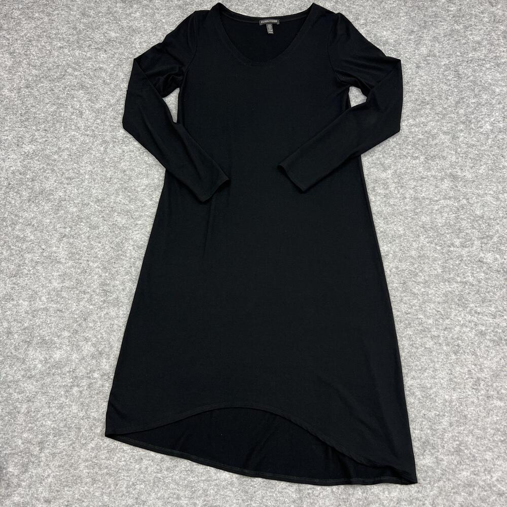 Eileen Fisher Shirt Dress Womens XS Black Hi Low V Neck Long Sleeve Preppy Party
